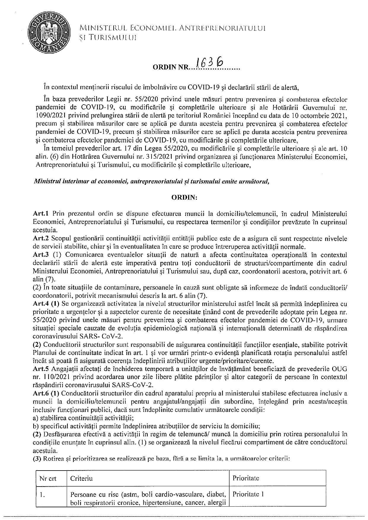 Experții convocați de Klaus Iohannis vor certificat verde la locul de muncă, școli în online și RESTRICȚII de circulație. Jumătate din angajații la stat, trimiși în telemuncă 2 Ordin telemunca 211018 213347 page 0001