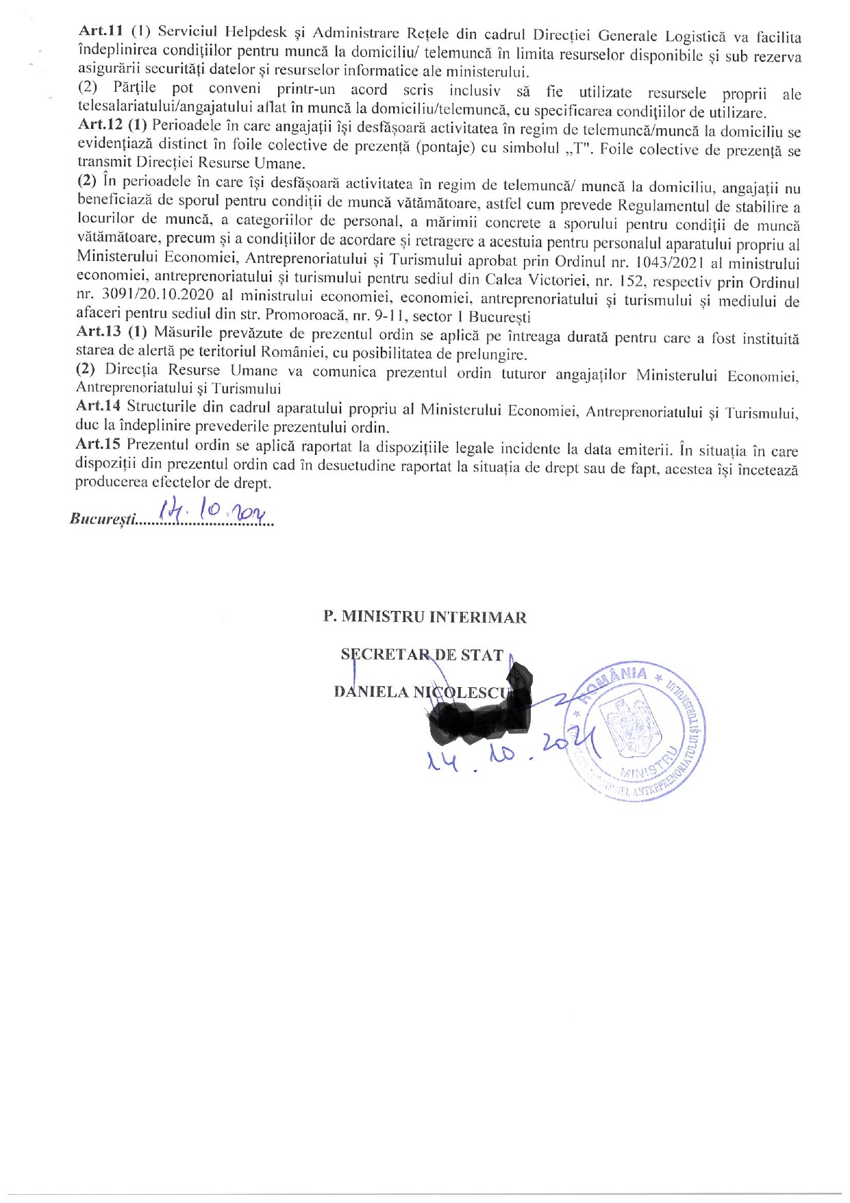 Experții convocați de Klaus Iohannis vor certificat verde la locul de muncă, școli în online și RESTRICȚII de circulație. Jumătate din angajații la stat, trimiși în telemuncă 4 Ordin telemunca 211018 213347 page 0003