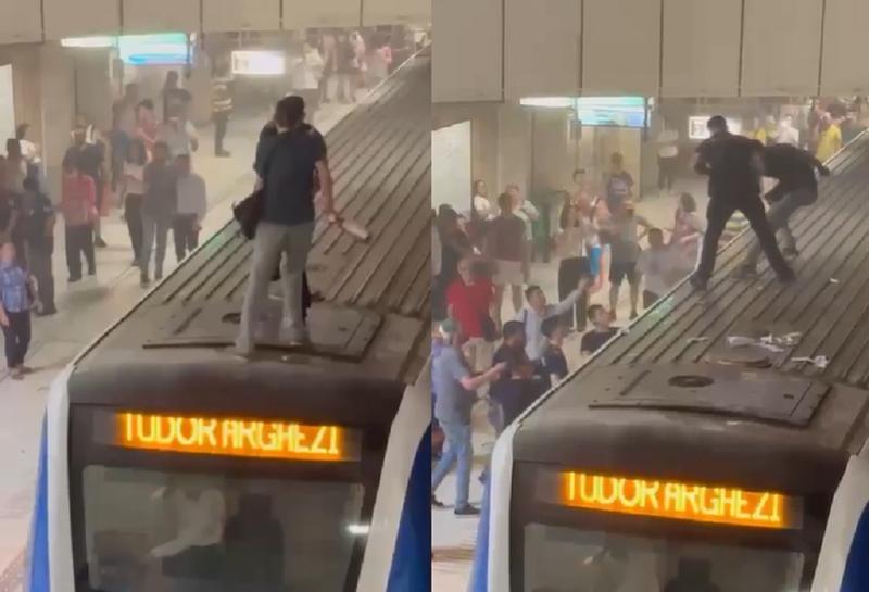 VIDEO Un bărbat s-a urcat pe o garnitură de metrou. El a fost dat jos de un polițist