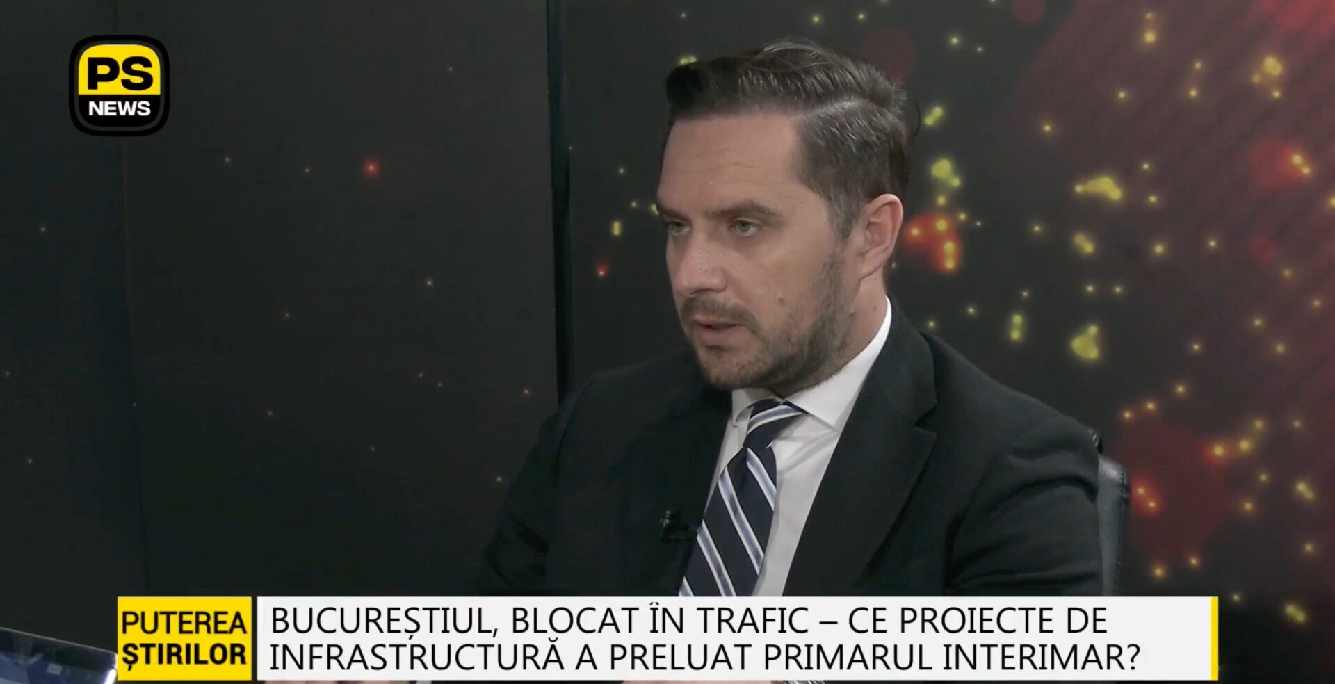 Stelian Bujduveanu în studioul Puterea Știrilor, explicând planurile pentru semafoare inteligente, benzi dedicate și reglementarea parcărilor