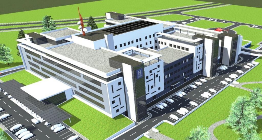 Randare arhitecturală a viitorului Institut Regional de Oncologie din Timișoara, un complex medical modern finanțat prin PNRR